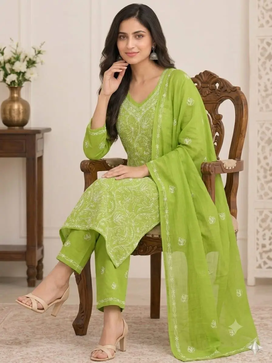 LCF CHIKAN EMBROIDERY MAL COTTON UNSTITCHED DRESS MATERIAL( KURTI DUPATTA & BOTTOM)- GREEN view 3