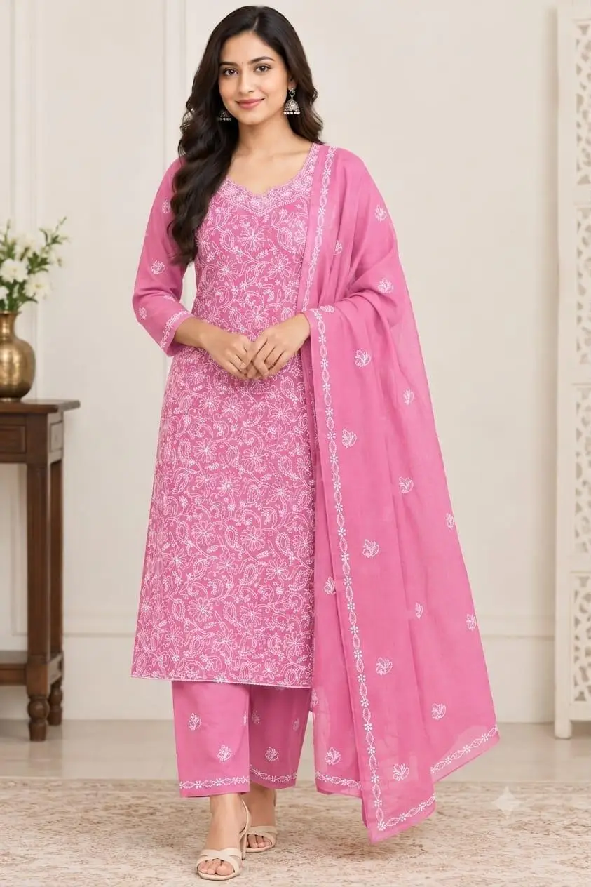 LCF CHIKAN EMBROIDERY MAL COTTON UNSTITCHED DRESS MATERIAL( KURTI DUPATTA & BOTTOM)- PINK