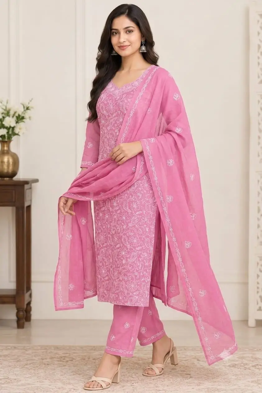 LCF CHIKAN EMBROIDERY MAL COTTON UNSTITCHED DRESS MATERIAL( KURTI DUPATTA & BOTTOM)- PINK view 2
