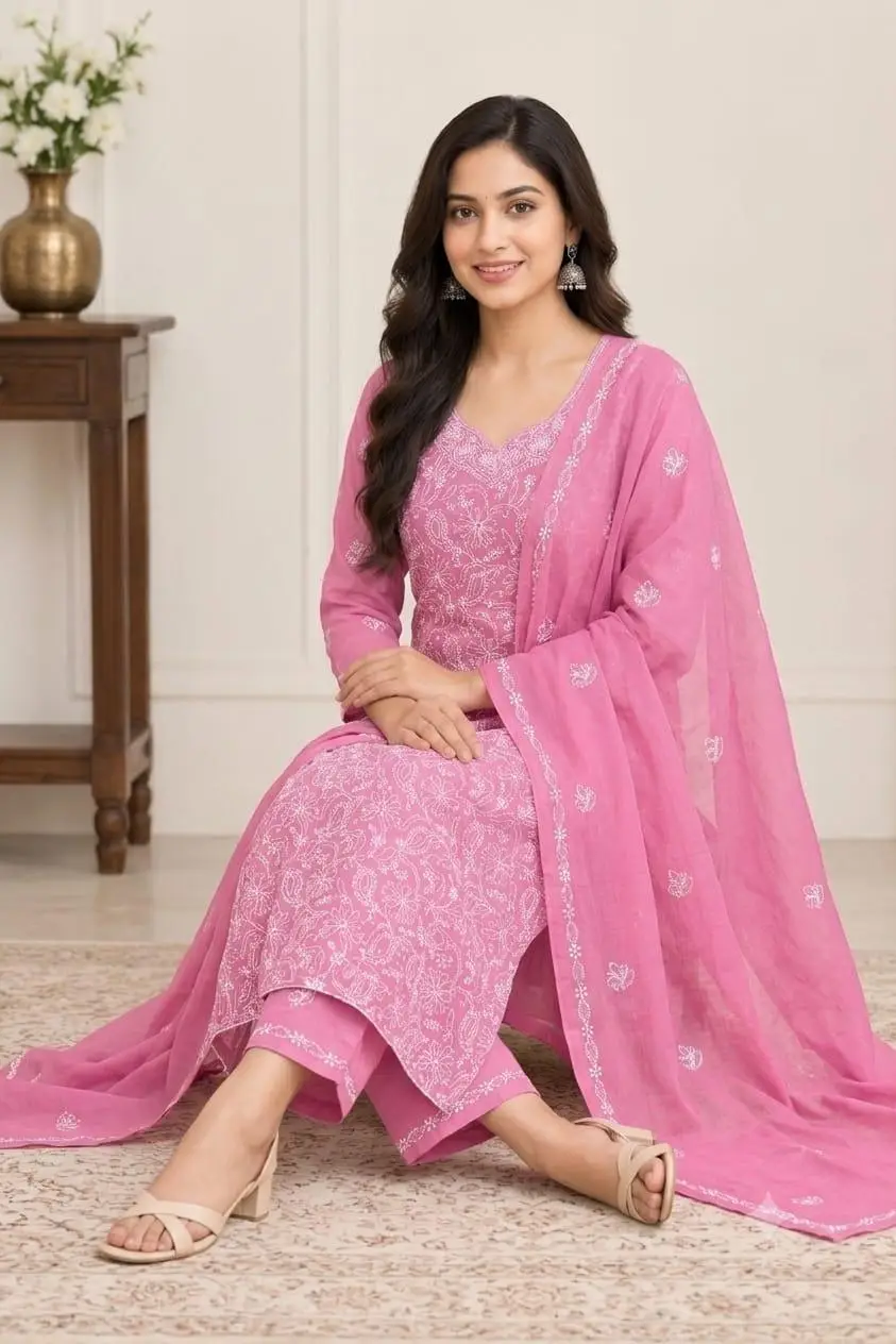 LCF CHIKAN EMBROIDERY MAL COTTON UNSTITCHED DRESS MATERIAL( KURTI DUPATTA & BOTTOM)- PINK view 3