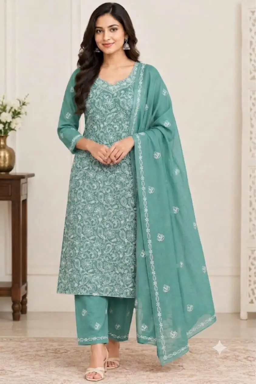 LCF CHIKAN EMBROIDERY MAL COTTON UNSTITCHED DRESS MATERIAL( KURTI DUPATTA & BOTTOM)- SEA GREEN