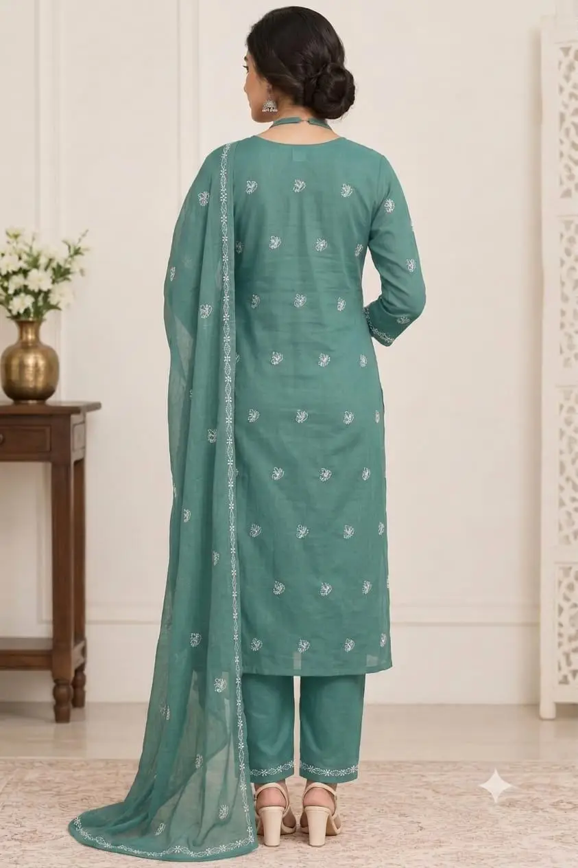 LCF CHIKAN EMBROIDERY MAL COTTON UNSTITCHED DRESS MATERIAL( KURTI DUPATTA & BOTTOM)- SEA GREEN view 2