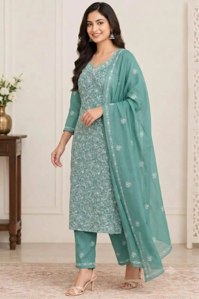 LCF CHIKAN EMBROIDERY MAL COTTON UNSTITCHED DRESS MATERIAL( KURTI DUPATTA & BOTTOM)- SEA GREEN view 3