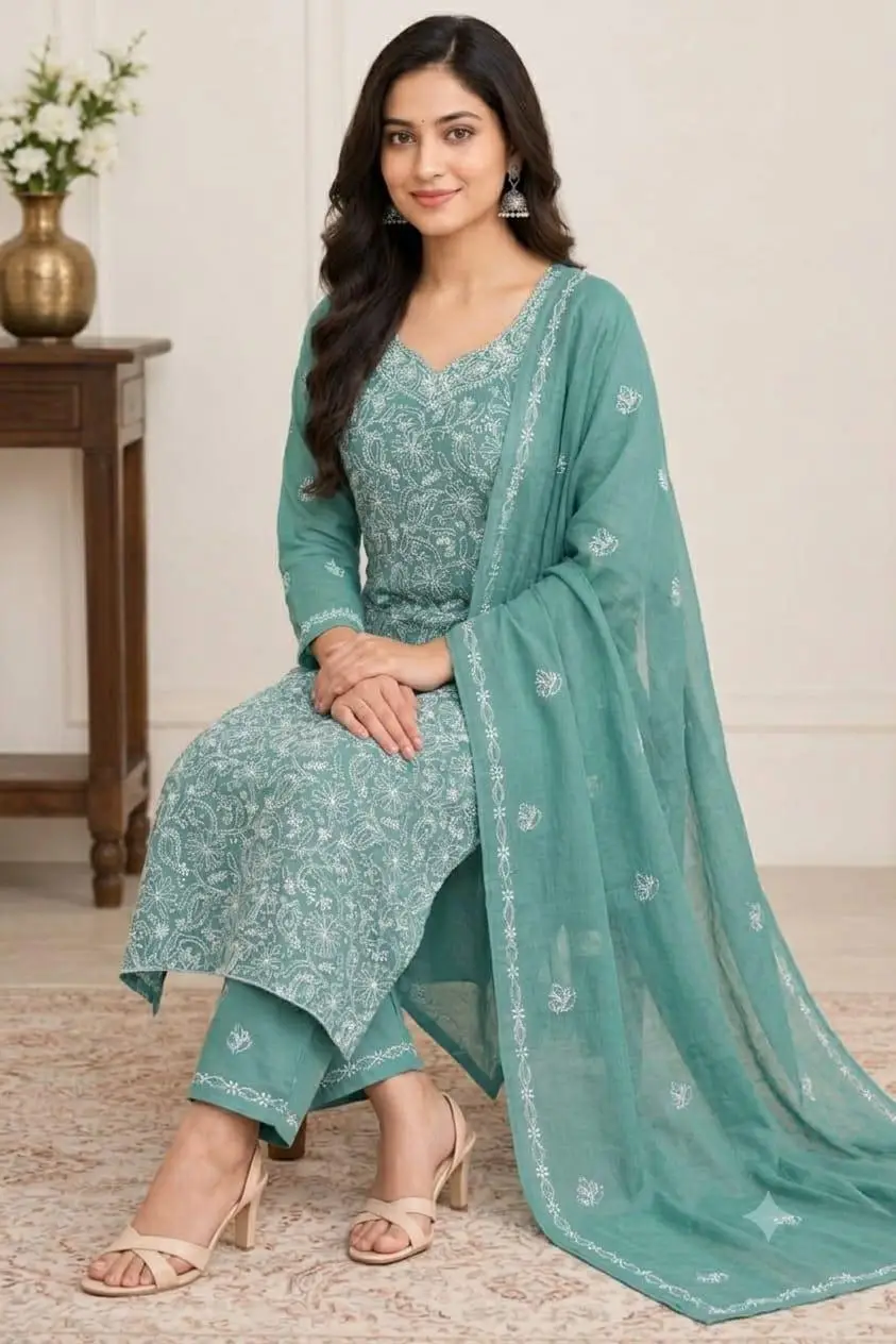 LCF CHIKAN EMBROIDERY MAL COTTON UNSTITCHED DRESS MATERIAL( KURTI DUPATTA & BOTTOM)- SEA GREEN view 4
