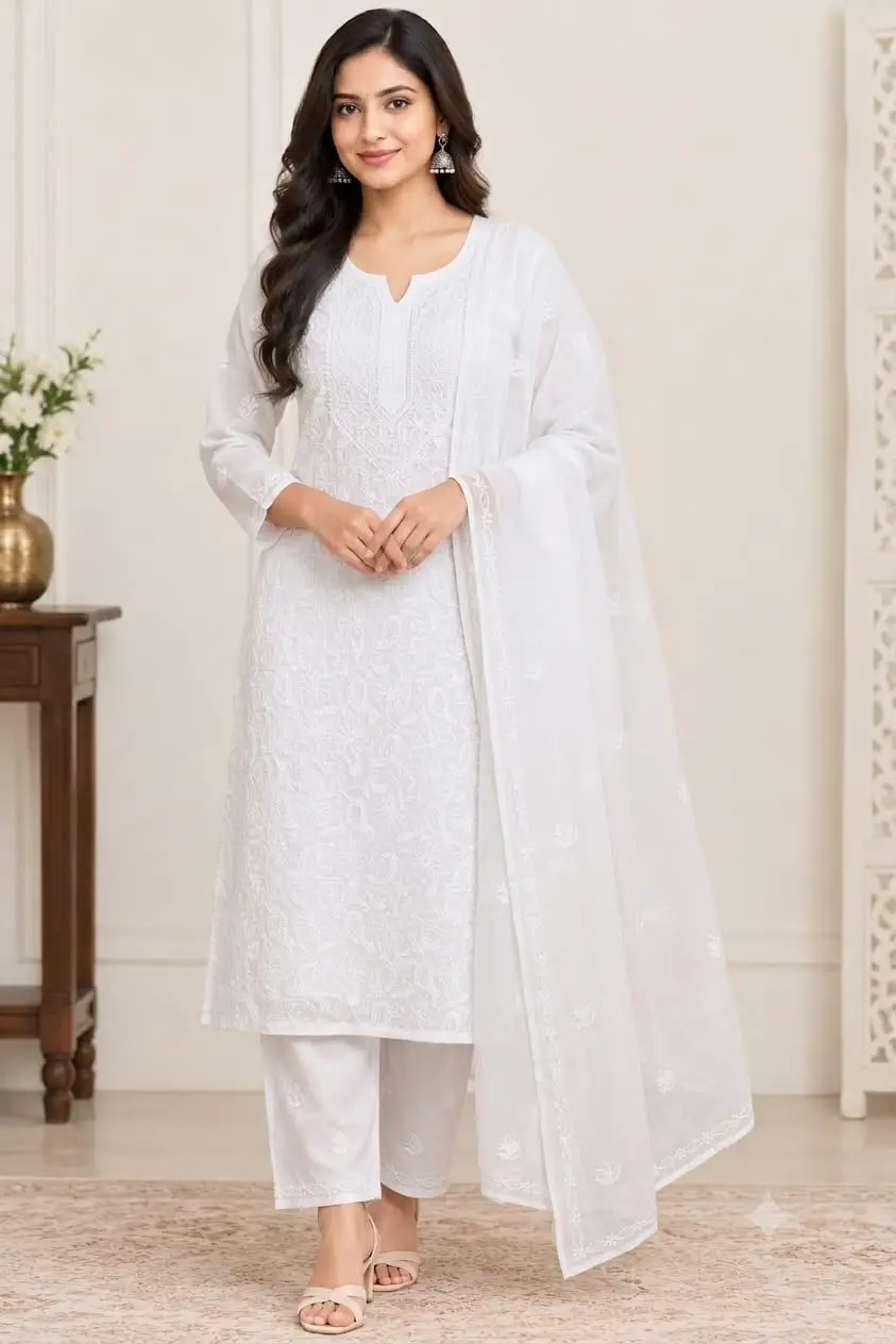 LCF CHIKAN EMBROIDERY MAL COTTON UNSTITCHED DRESS MATERIAL( KURTI DUPATTA & BOTTOM)-WHITE