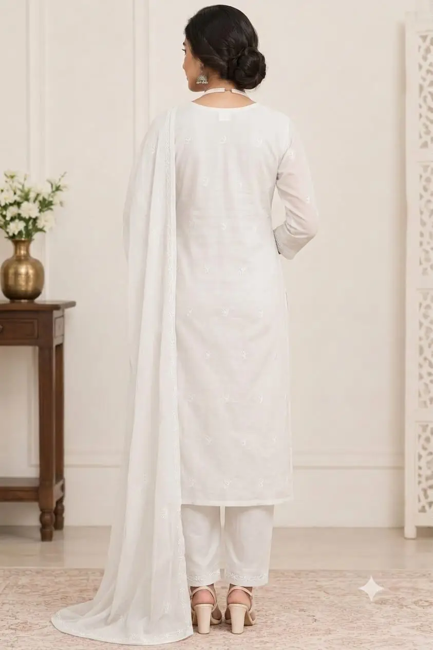 LCF CHIKAN EMBROIDERY MAL COTTON UNSTITCHED DRESS MATERIAL( KURTI DUPATTA & BOTTOM)-WHITE view 2