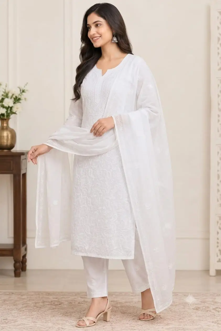 LCF CHIKAN EMBROIDERY MAL COTTON UNSTITCHED DRESS MATERIAL( KURTI DUPATTA & BOTTOM)-WHITE view 3