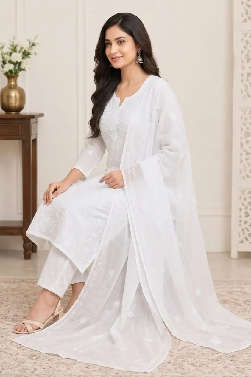 LCF CHIKAN EMBROIDERY MAL COTTON UNSTITCHED DRESS MATERIAL( KURTI DUPATTA & BOTTOM)-WHITE view 4
