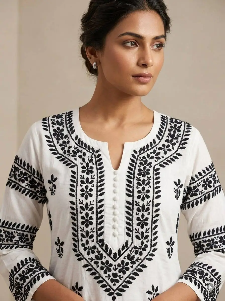 LCF CHIKAN BLACK THREAD  EMBROIDERY RAYON LONG KURTI - WHITE view 2