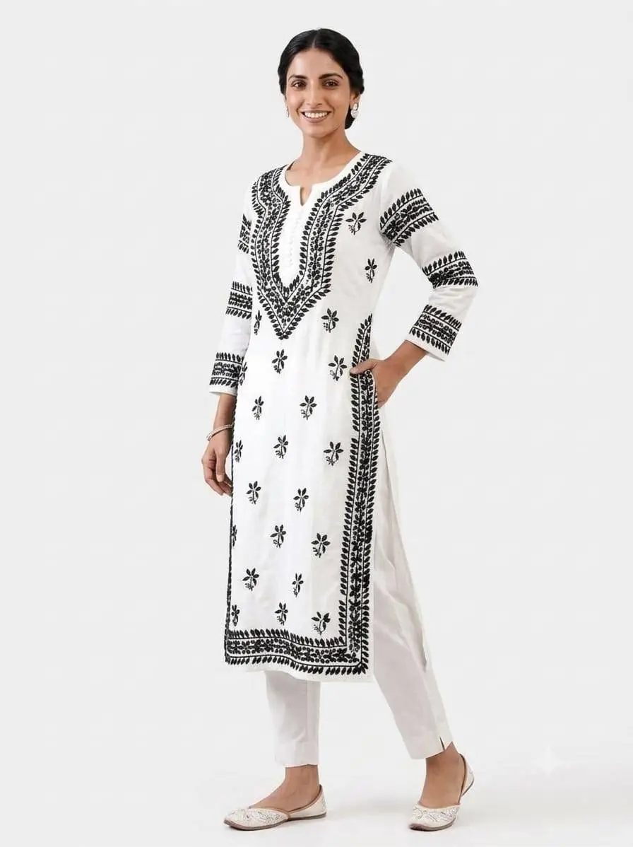 LCF CHIKAN BLACK THREAD  EMBROIDERY RAYON LONG KURTI - WHITE view 3