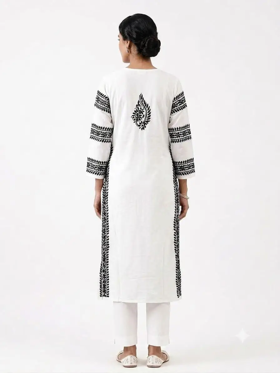 LCF CHIKAN BLACK THREAD  EMBROIDERY RAYON LONG KURTI - WHITE view 4