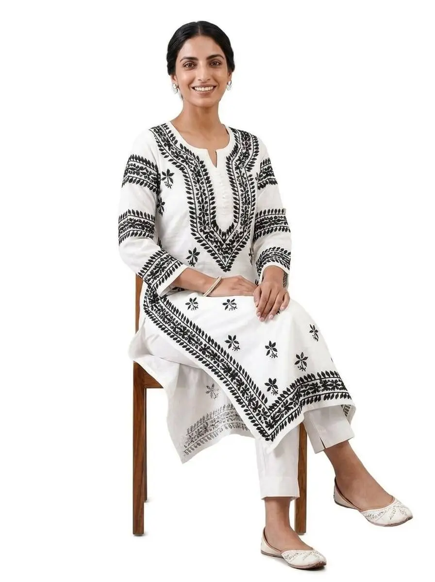 LCF CHIKAN BLACK THREAD  EMBROIDERY RAYON LONG KURTI - WHITE view 5