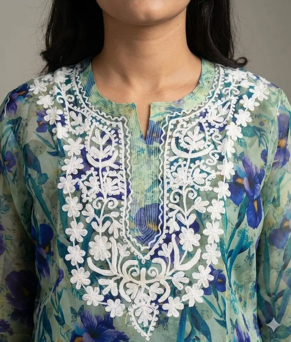 LCF CHIKAN EMBROIDERY ORGANZA PRINTED LONG KURTI - GREEN view 2