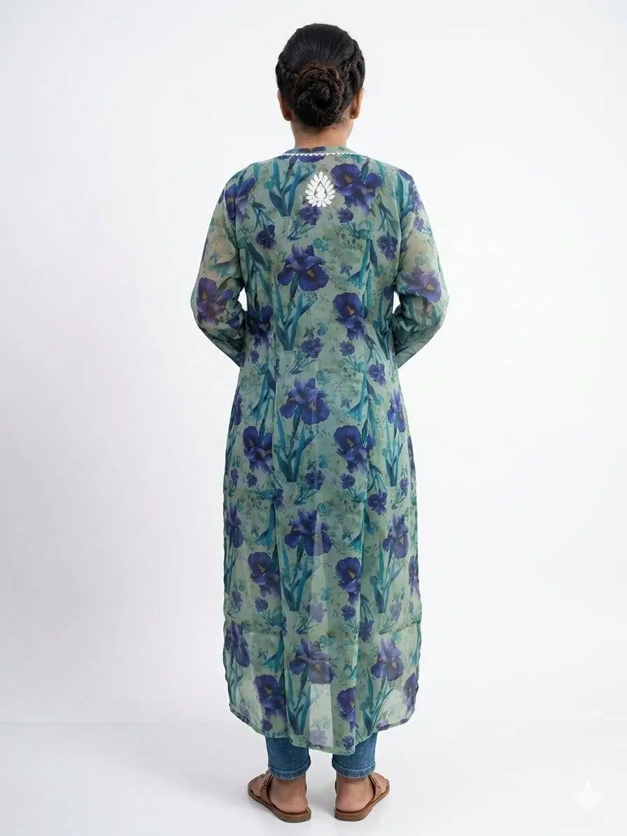 LCF CHIKAN EMBROIDERY ORGANZA PRINTED LONG KURTI - GREEN view 3