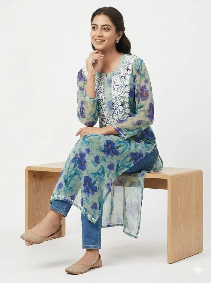 LCF CHIKAN EMBROIDERY ORGANZA PRINTED LONG KURTI - GREEN view 4
