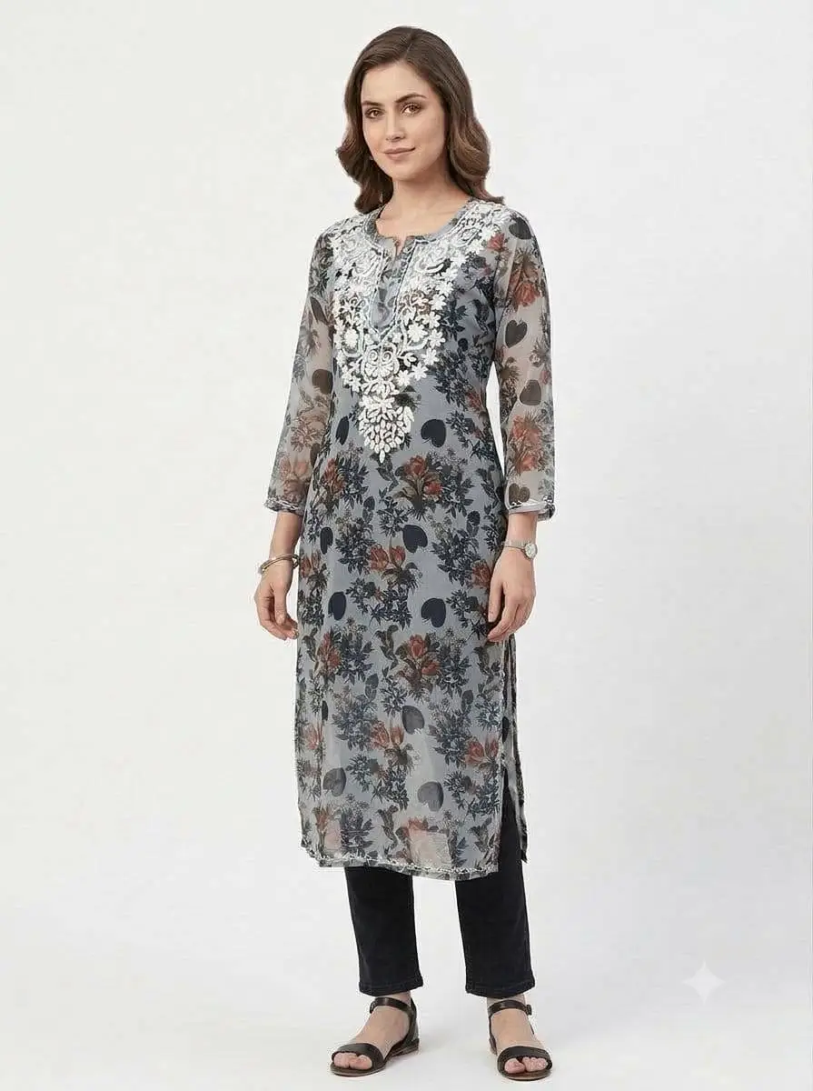 LCF CHIKAN EMBROIDERY ORGANZA PRINTED LONG KURTI - GREY