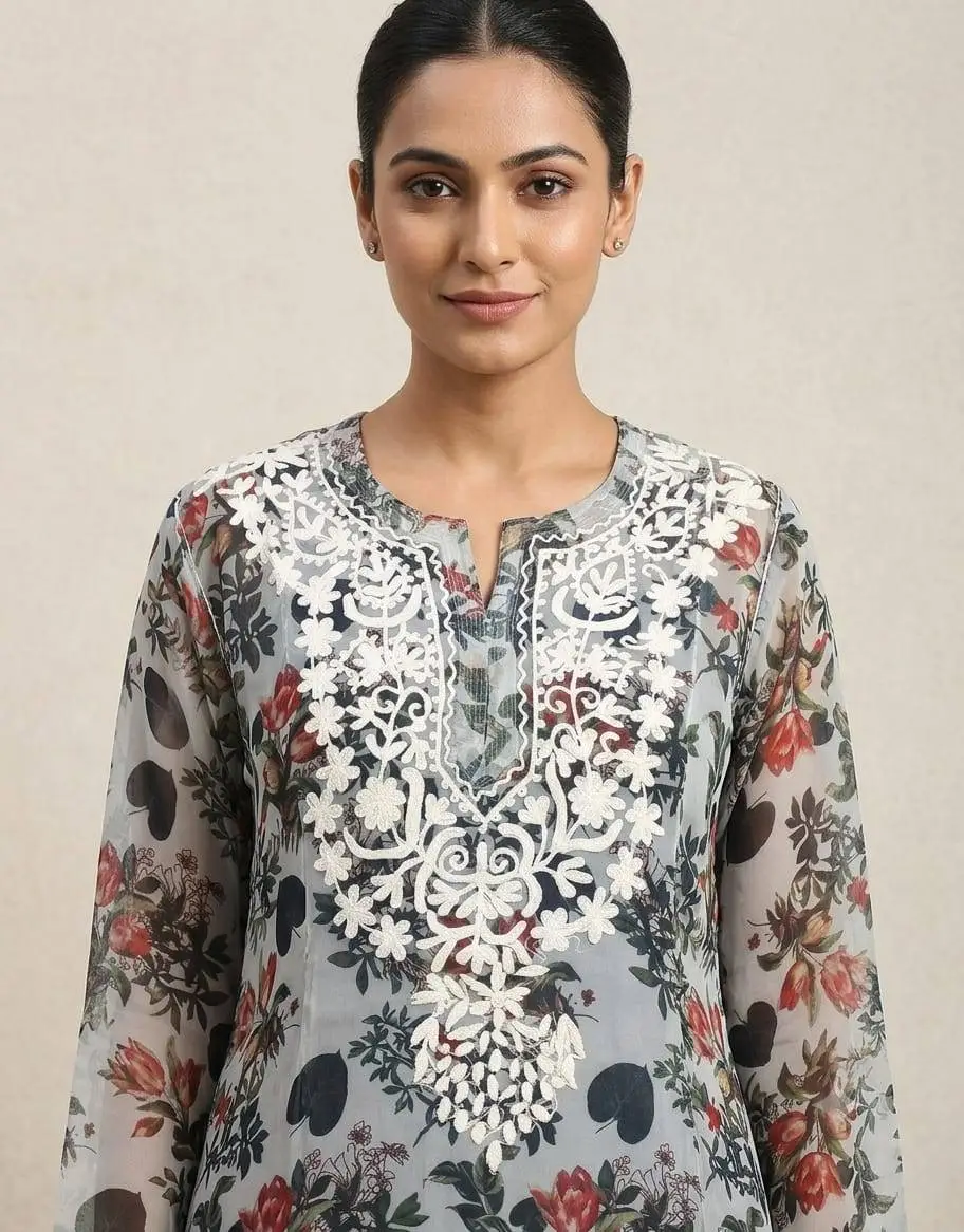 LCF CHIKAN EMBROIDERY ORGANZA PRINTED LONG KURTI - GREY view 2