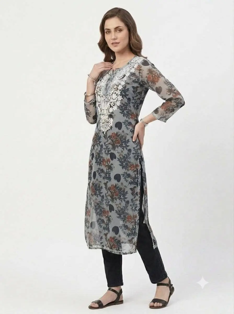 LCF CHIKAN EMBROIDERY ORGANZA PRINTED LONG KURTI - GREY view 3