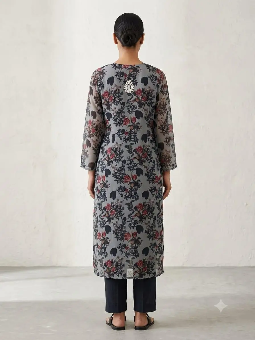 LCF CHIKAN EMBROIDERY ORGANZA PRINTED LONG KURTI - GREY view 4