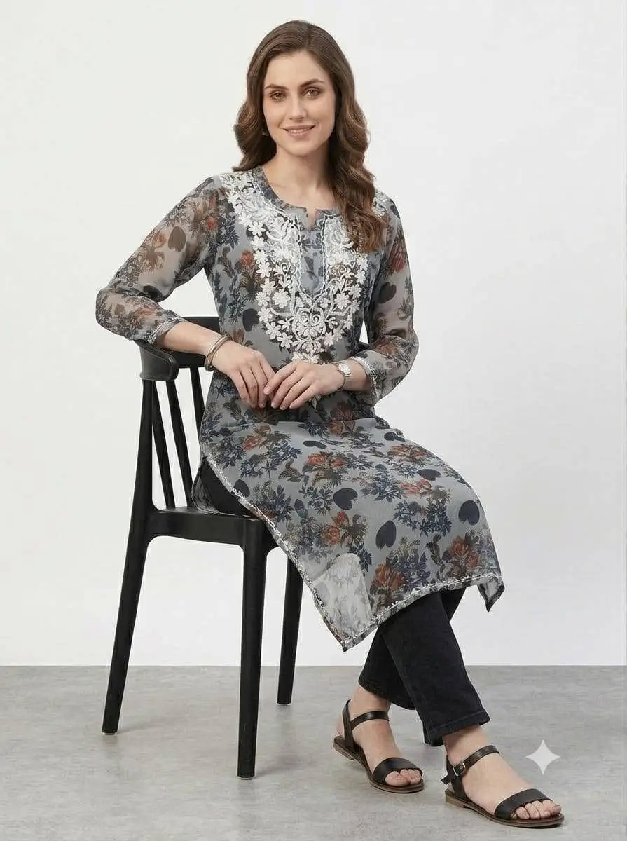 LCF CHIKAN EMBROIDERY ORGANZA PRINTED LONG KURTI - GREY view 5