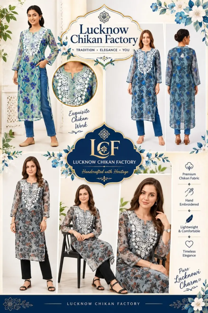 LCF CHIKAN EMBROIDERY ORGANZA PRINTED LONG KURTI - GREY view 6