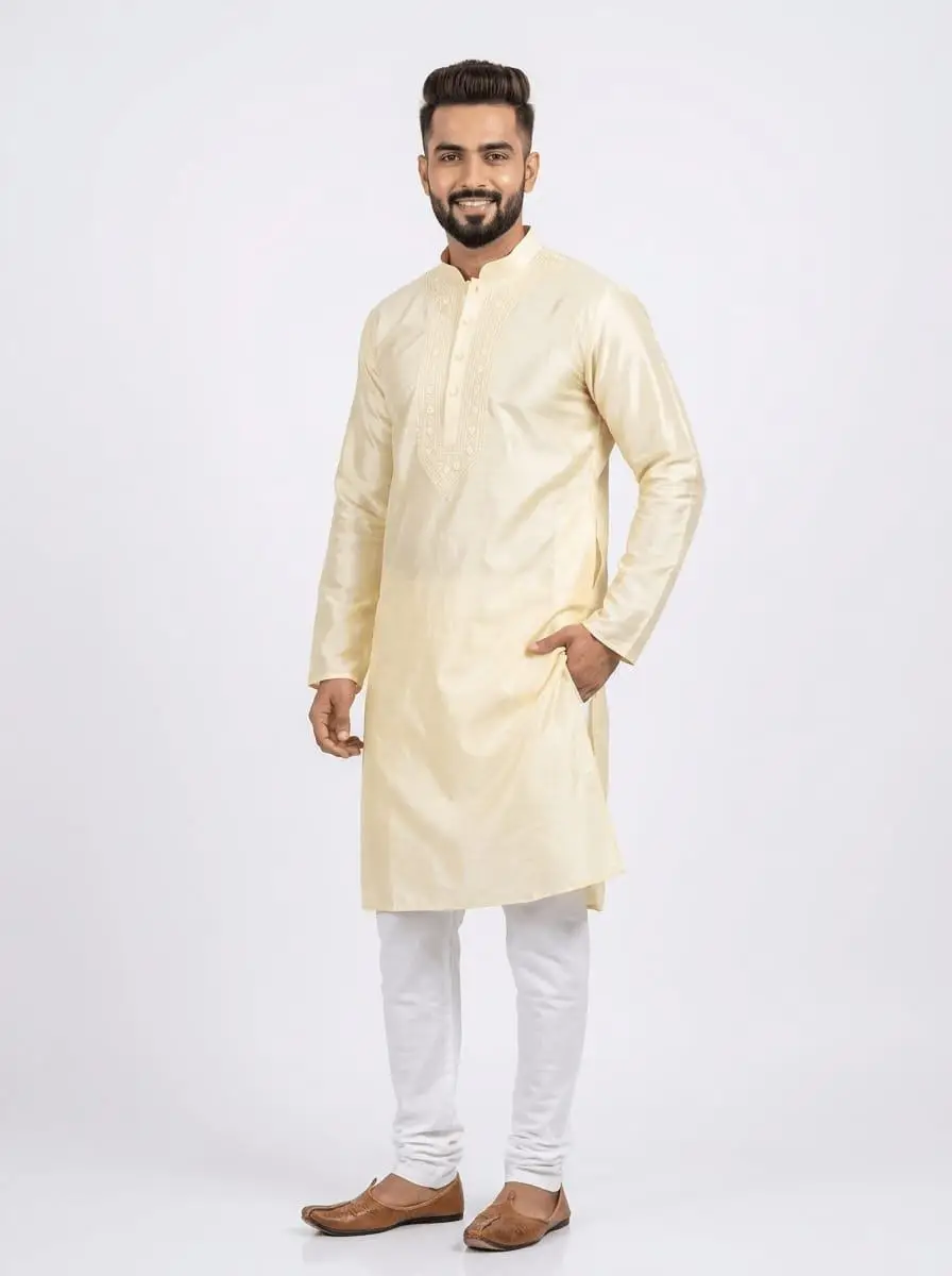 LCF CHIKAN EMBROIDERY DUPION SILK MENS KURTA - CREAM