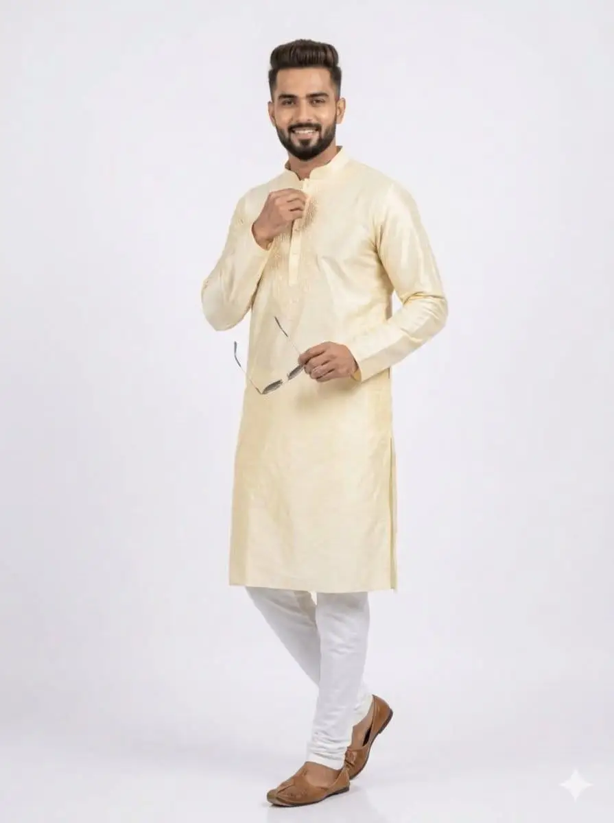 LCF CHIKAN EMBROIDERY DUPION SILK MENS KURTA - CREAM view 2