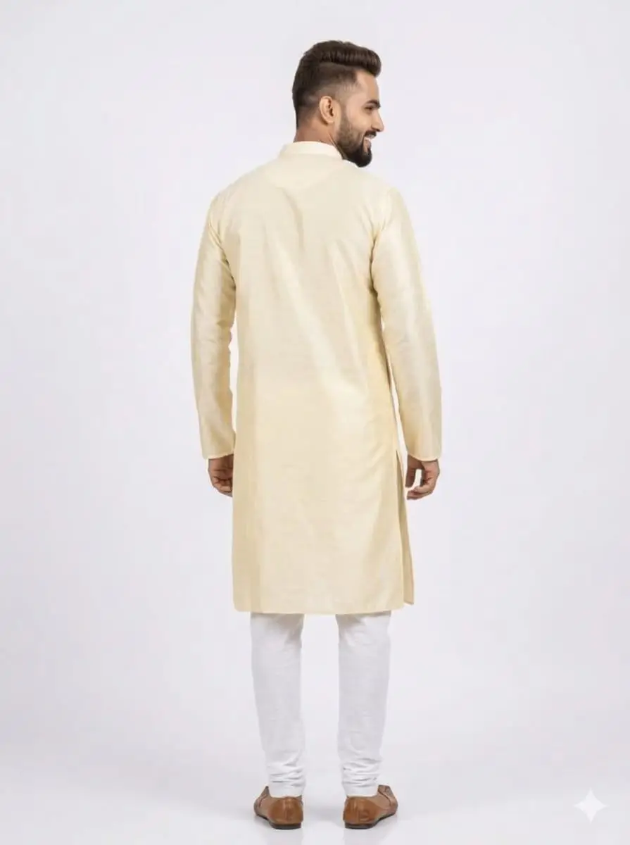 LCF CHIKAN EMBROIDERY DUPION SILK MENS KURTA - CREAM view 3