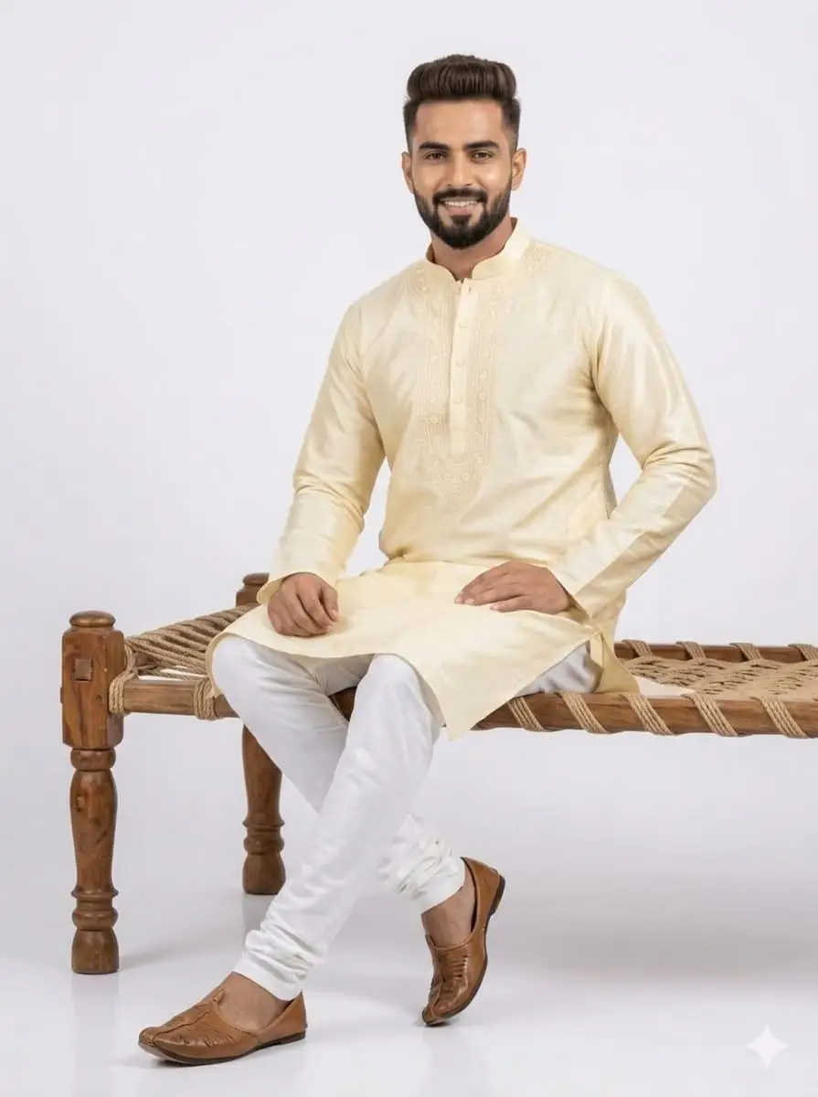 LCF CHIKAN EMBROIDERY DUPION SILK MENS KURTA - CREAM view 4