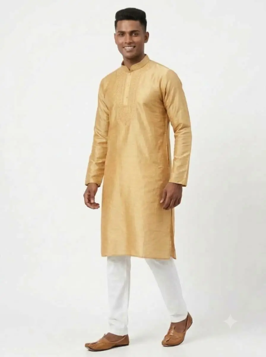 LCF CHIKAN EMBROIDERY DUPION SILK MENS KURTA - GOLDEN