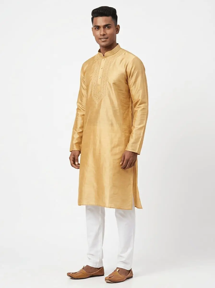 LCF CHIKAN EMBROIDERY DUPION SILK MENS KURTA - GOLDEN view 2