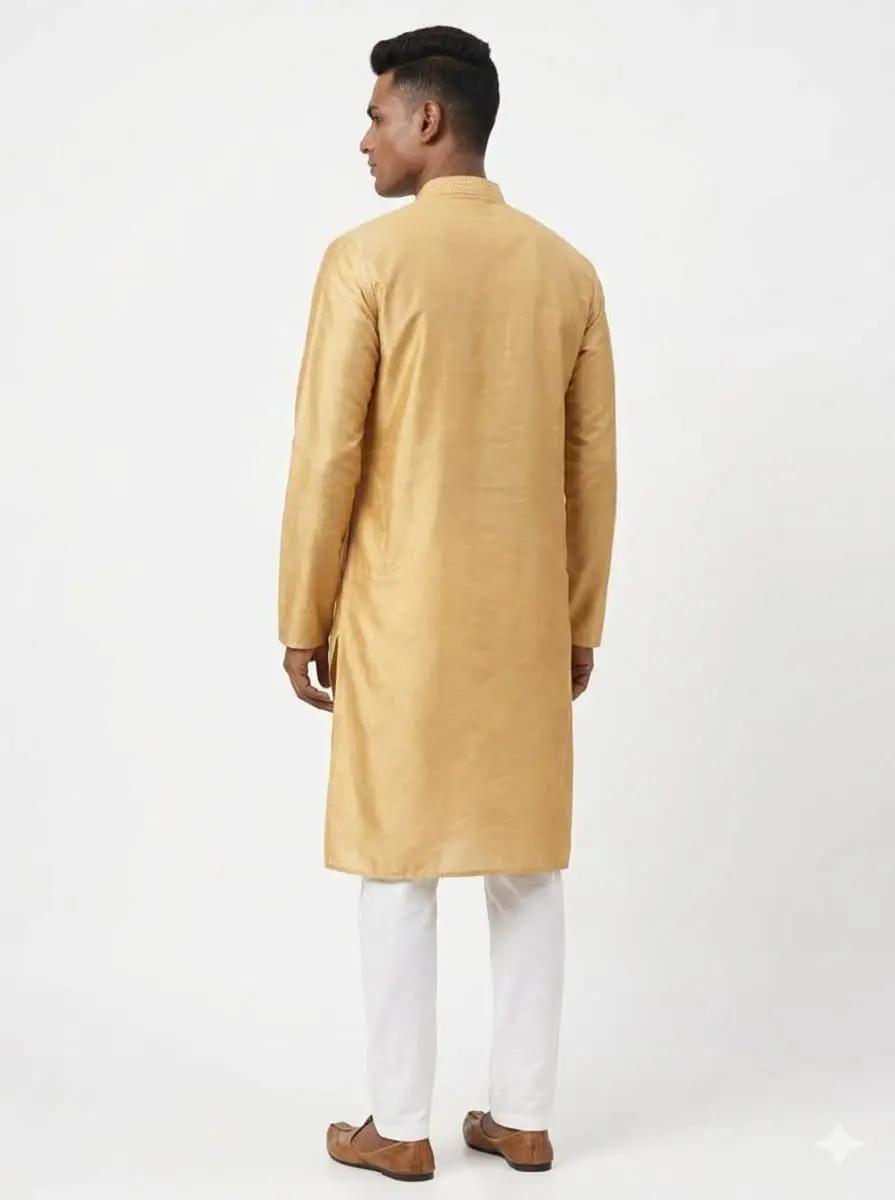 LCF CHIKAN EMBROIDERY DUPION SILK MENS KURTA - GOLDEN view 3