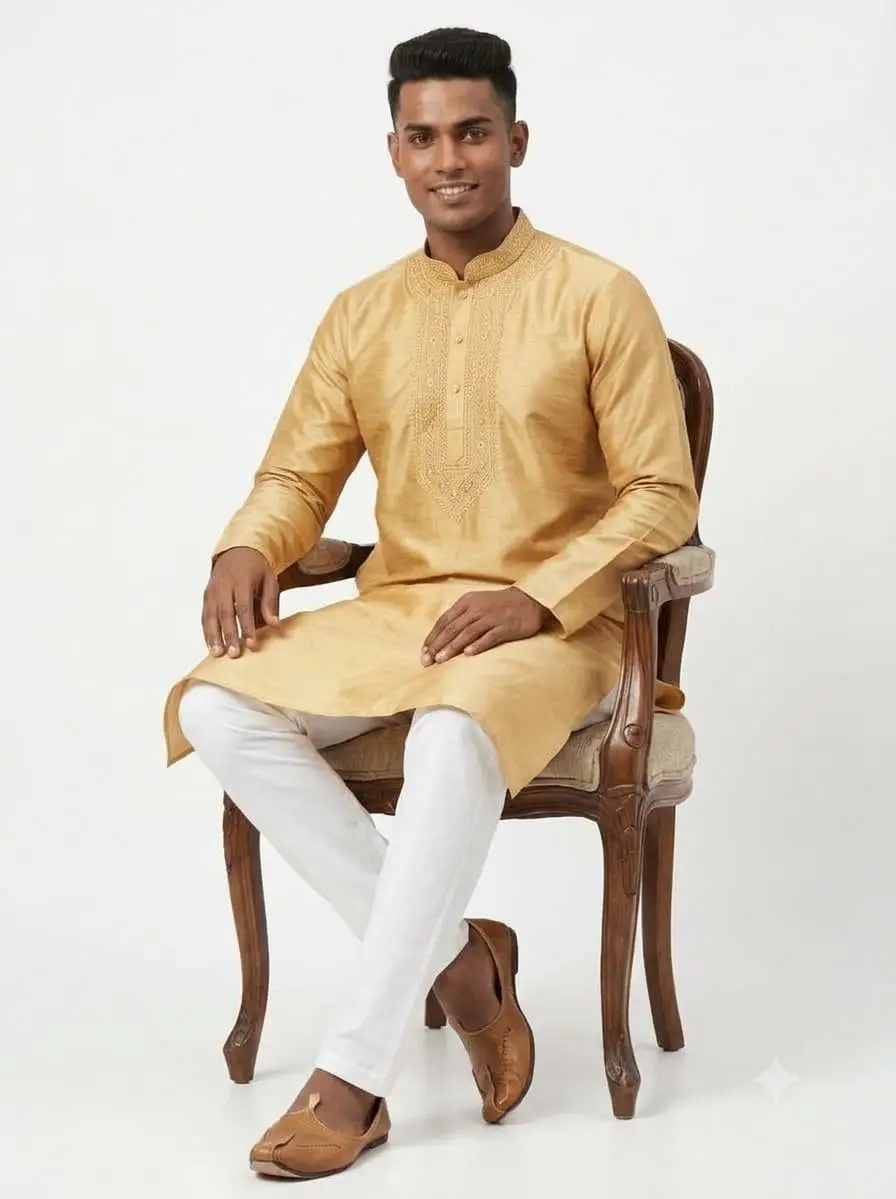 LCF CHIKAN EMBROIDERY DUPION SILK MENS KURTA - GOLDEN view 4