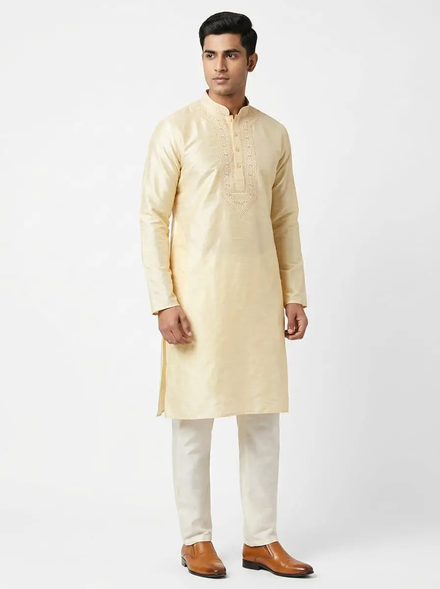 LCF CHIKAN EMBROIDERY DUPION SILK MENS KURTA - LIGHT GOLDEN