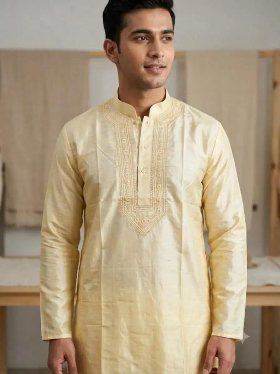 LCF CHIKAN EMBROIDERY DUPION SILK MENS KURTA - LIGHT GOLDEN view 2