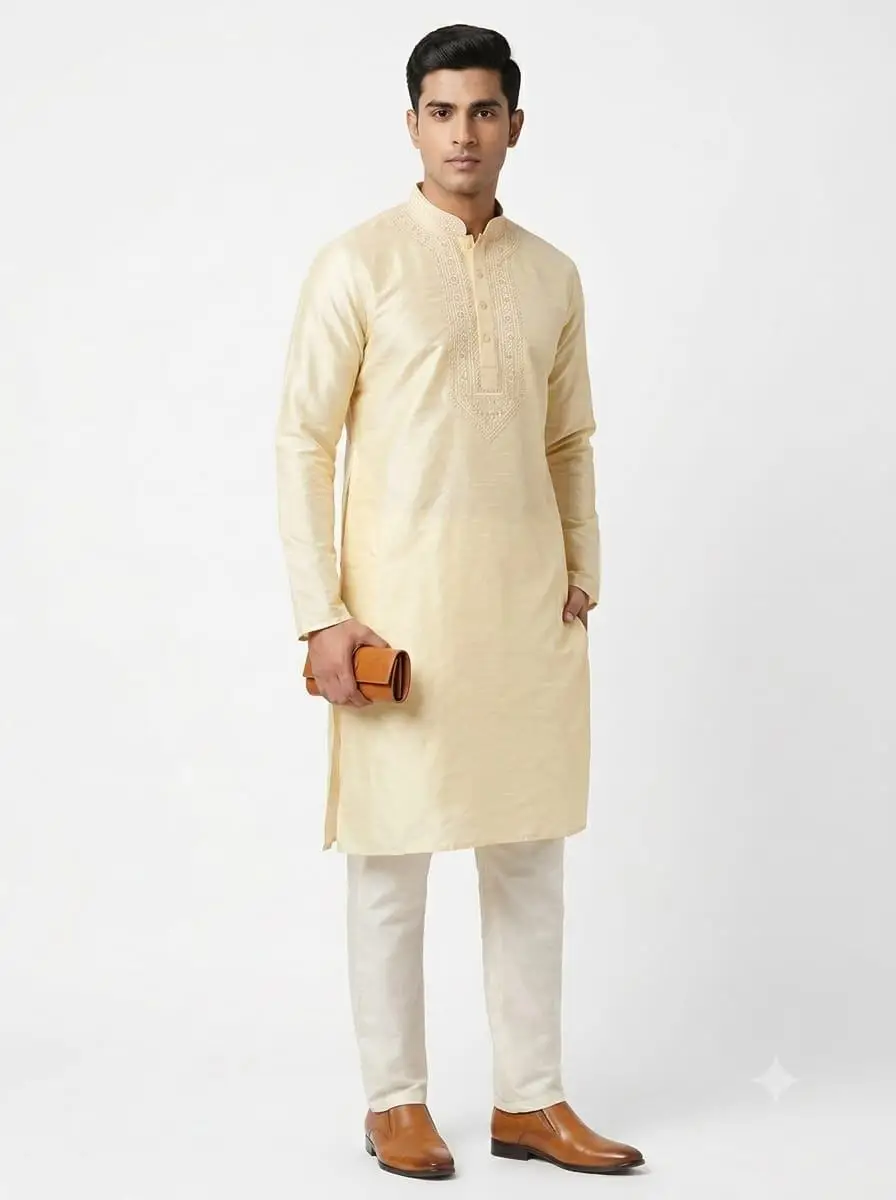 LCF CHIKAN EMBROIDERY DUPION SILK MENS KURTA - LIGHT GOLDEN view 3