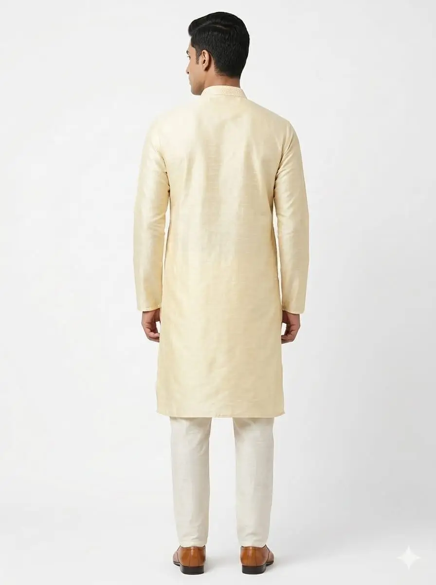 LCF CHIKAN EMBROIDERY DUPION SILK MENS KURTA - LIGHT GOLDEN view 4