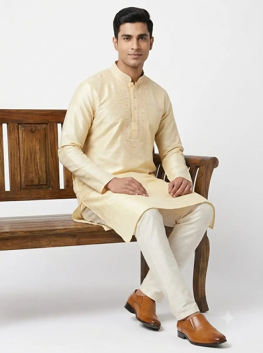 LCF CHIKAN EMBROIDERY DUPION SILK MENS KURTA - LIGHT GOLDEN view 5