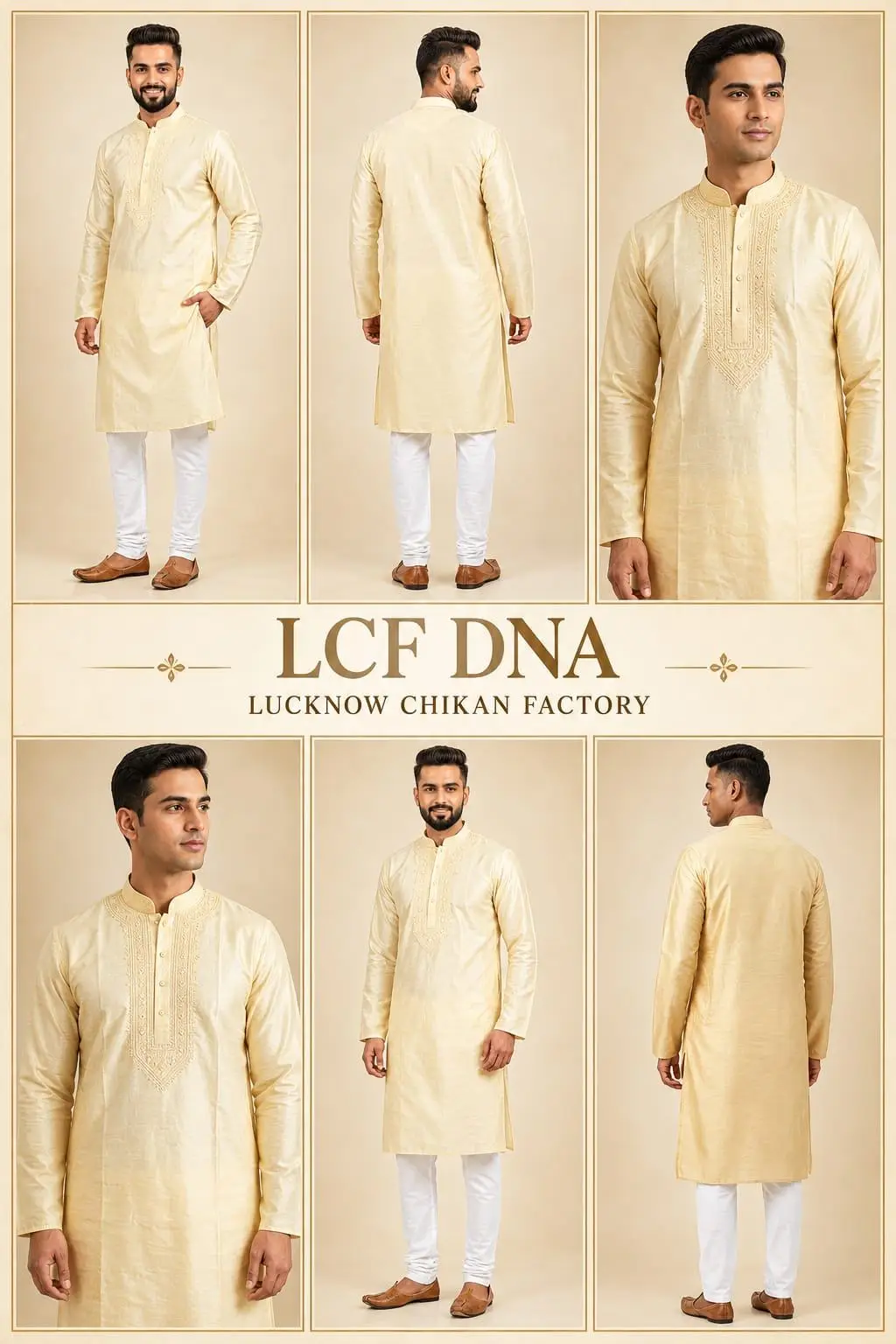 LCF CHIKAN EMBROIDERY DUPION SILK MENS KURTA - LIGHT GOLDEN view 6