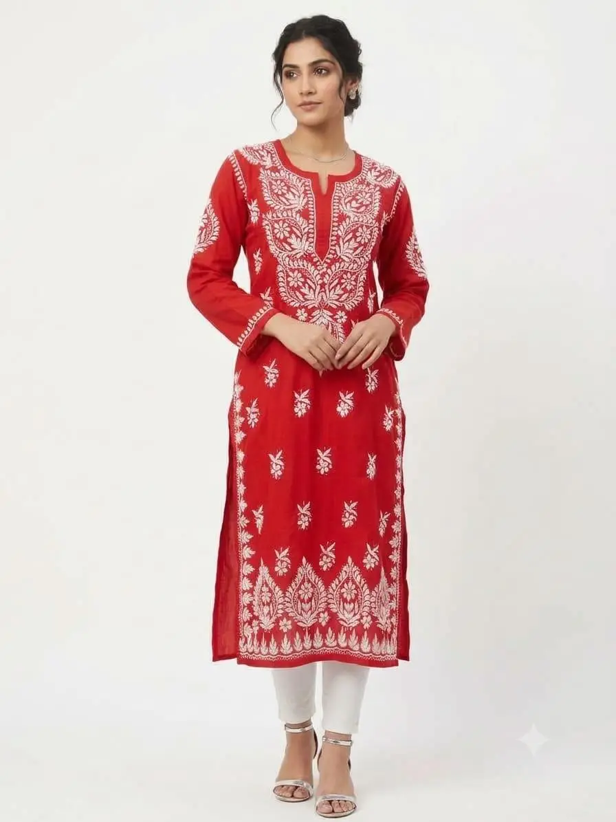 LCF CHIKAN EMBROIDERY MASLEEN LONG KURTI - RED