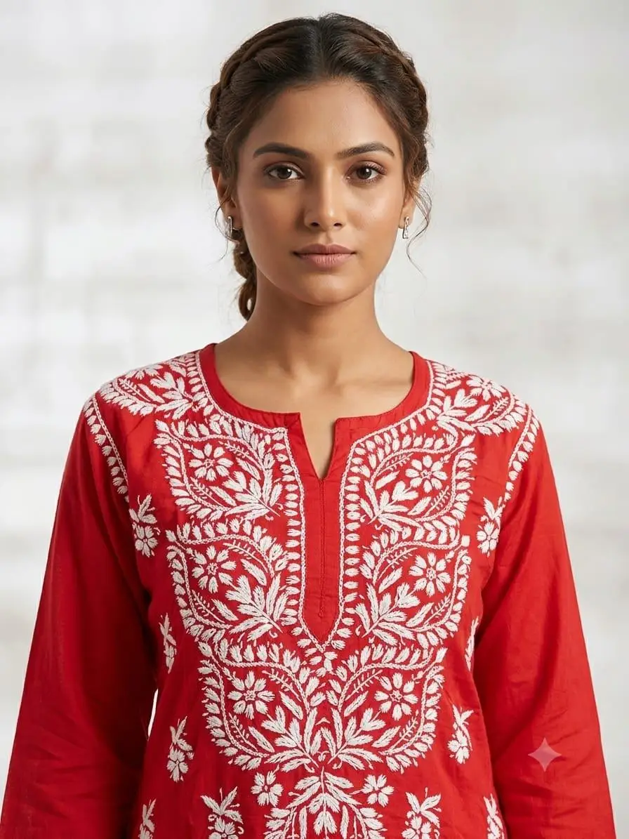LCF CHIKAN EMBROIDERY MASLEEN LONG KURTI - RED view 2