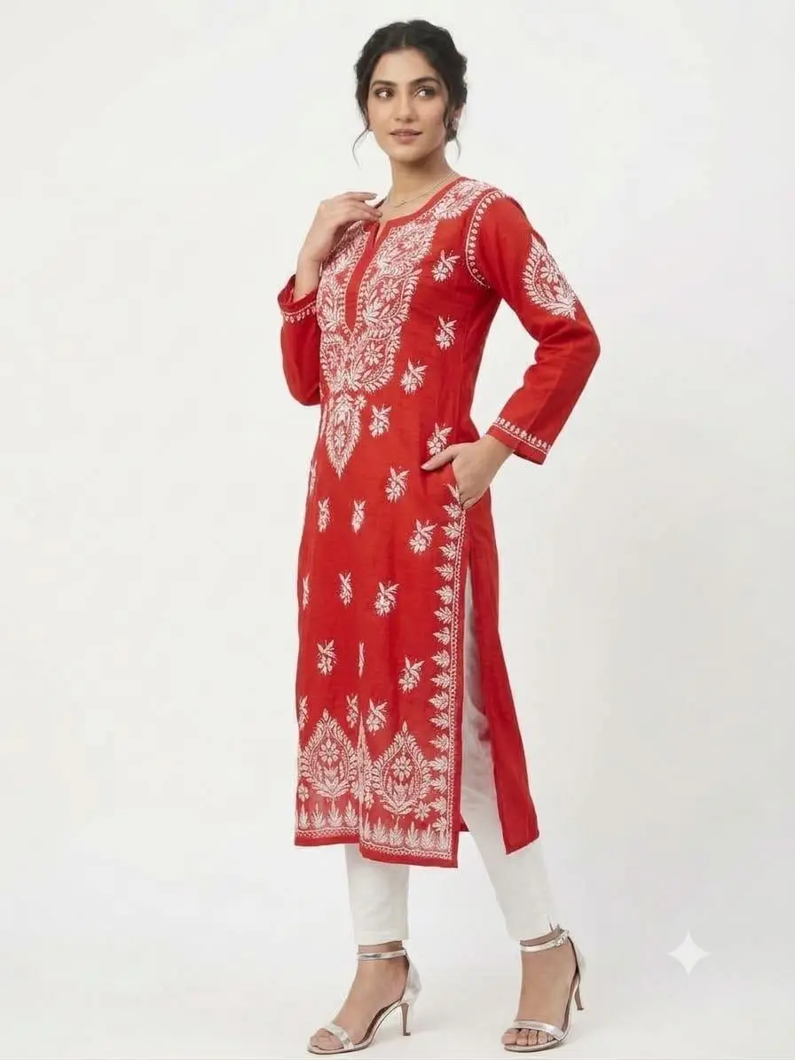 LCF CHIKAN EMBROIDERY MASLEEN LONG KURTI - RED view 3