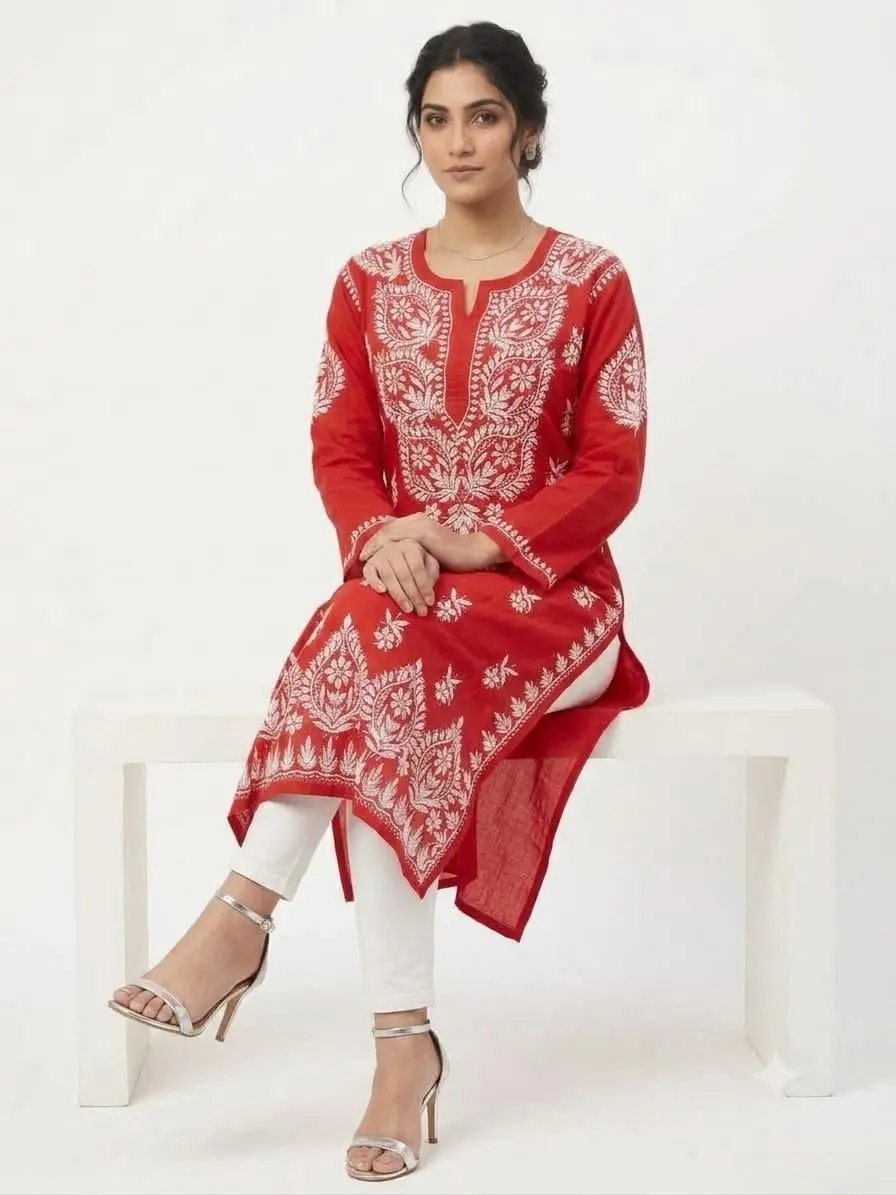 LCF CHIKAN EMBROIDERY MASLEEN LONG KURTI - RED view 5