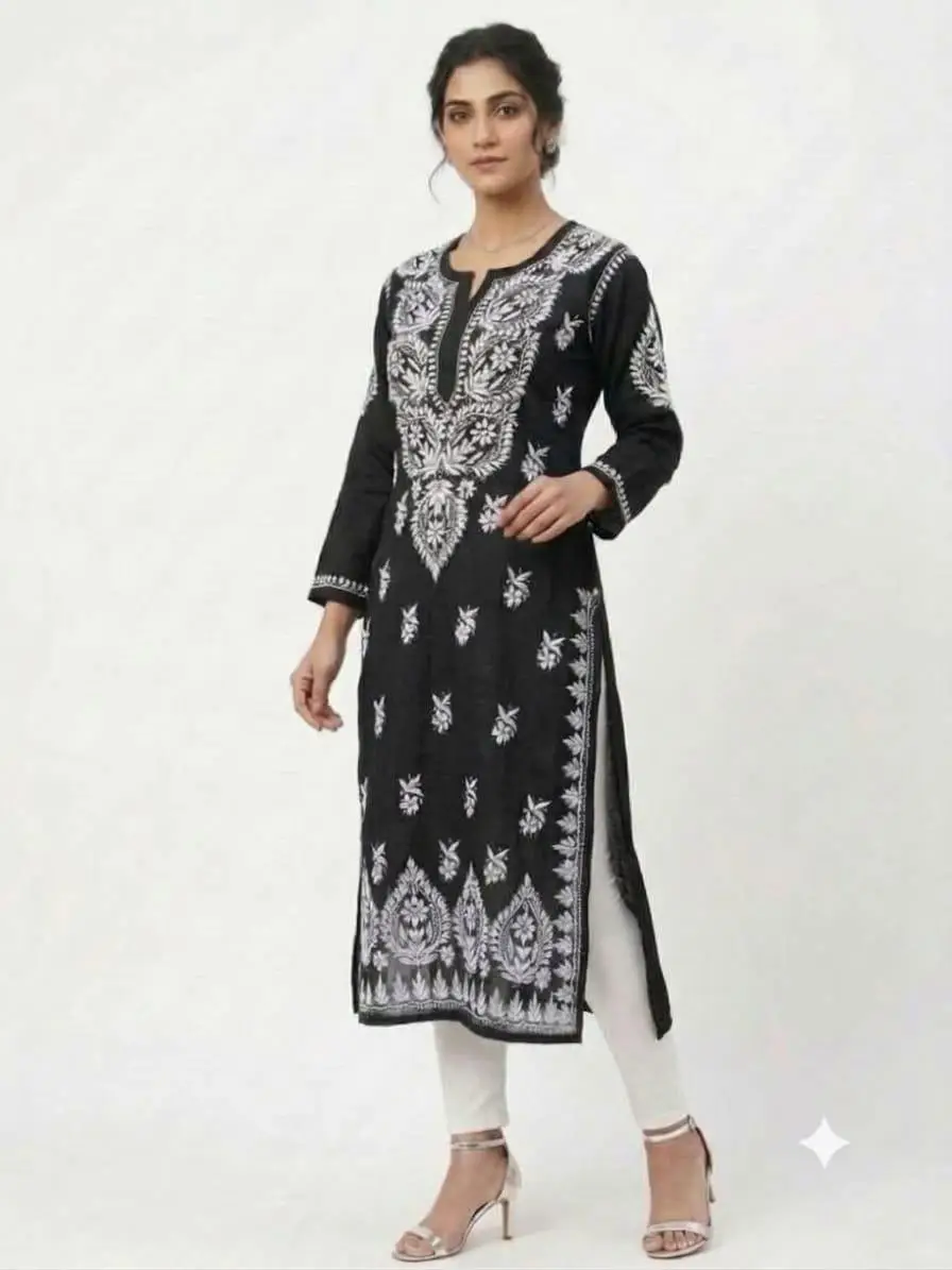 LCF CHIKAN EMBROIDERY MASLEEN LONG KURTI - BLACK view 2