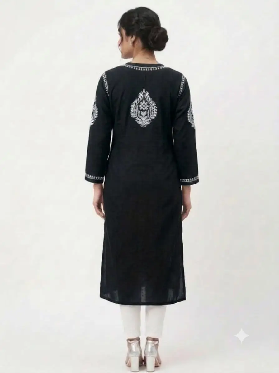 LCF CHIKAN EMBROIDERY MASLEEN LONG KURTI - BLACK view 3