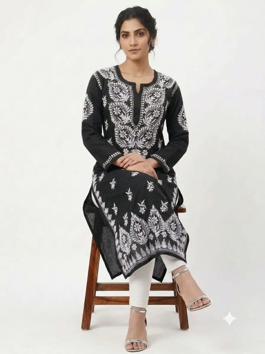 LCF CHIKAN EMBROIDERY MASLEEN LONG KURTI - BLACK view 4