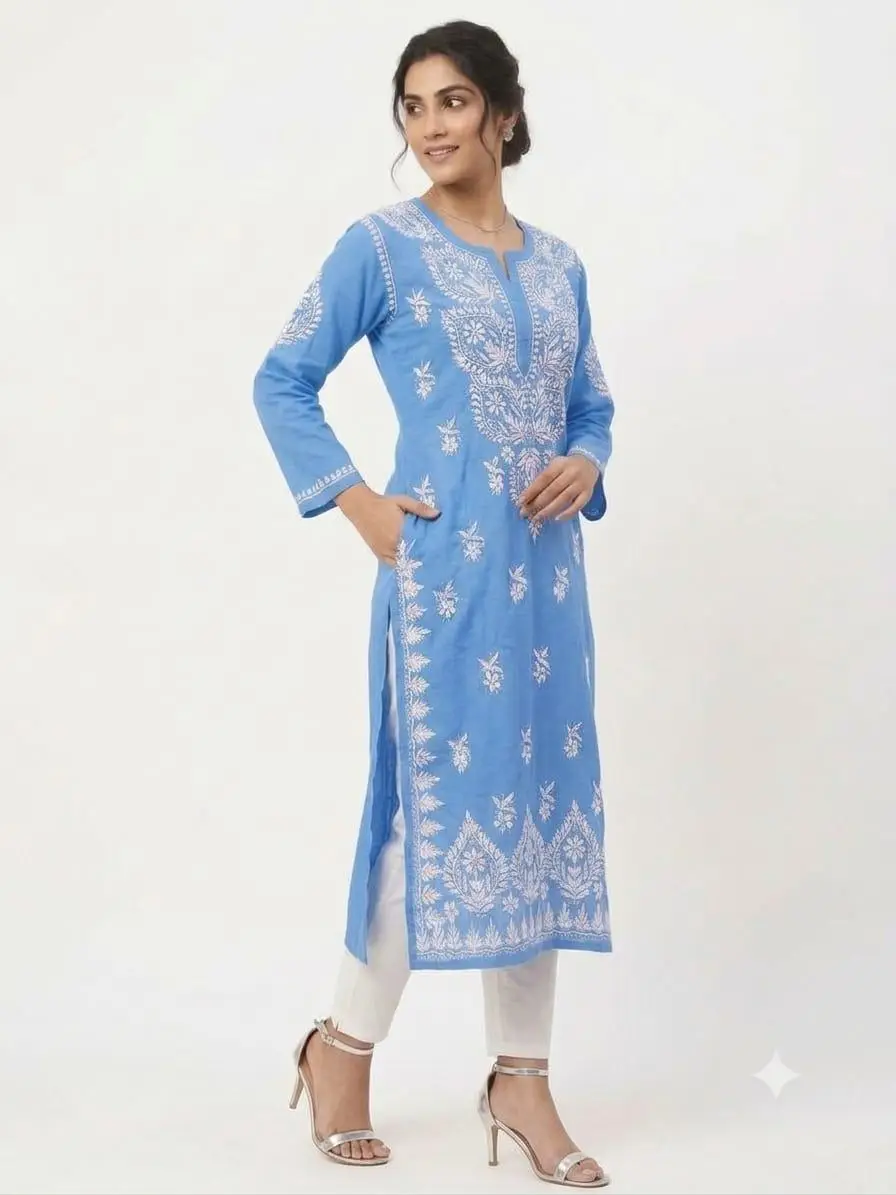 LCF CHIKAN EMBROIDERY MASLEEN LONG KURTI - BLUE view 2