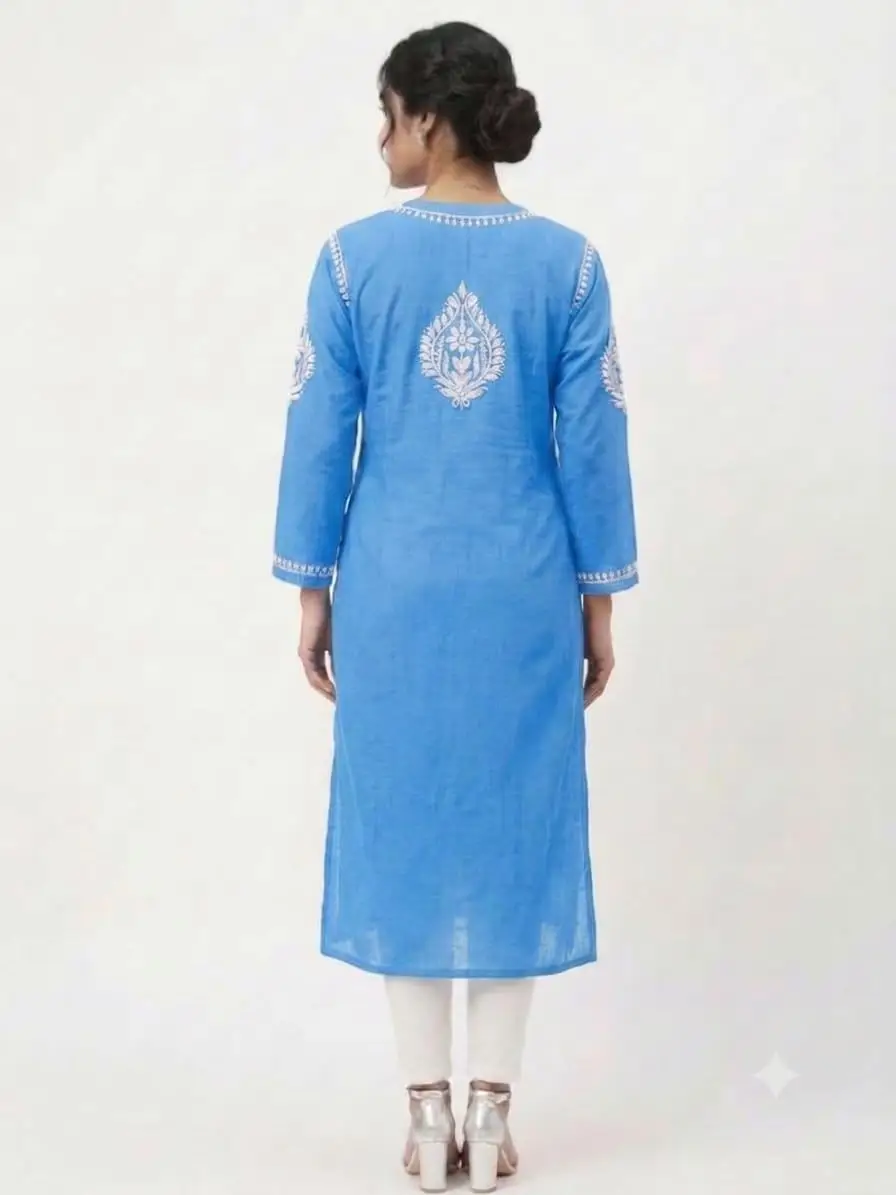LCF CHIKAN EMBROIDERY MASLEEN LONG KURTI - BLUE view 3