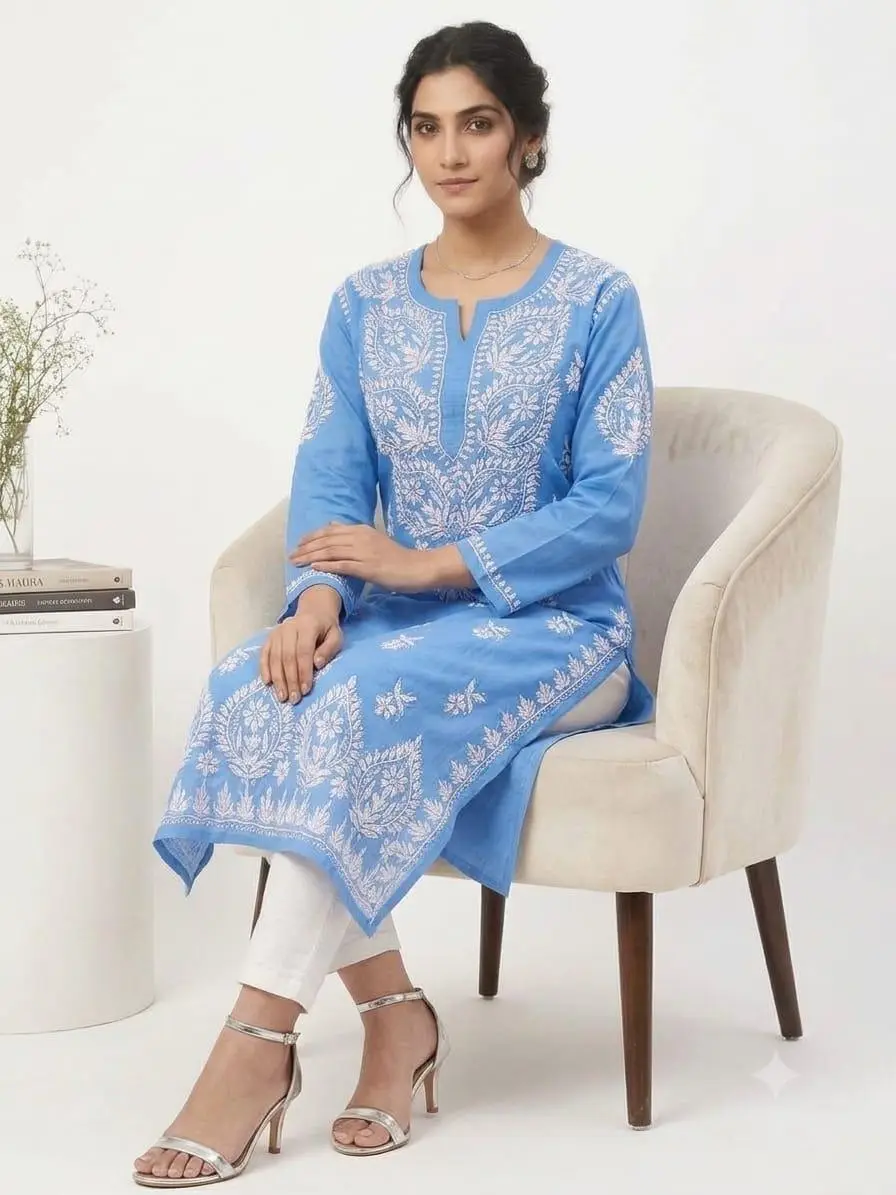 LCF CHIKAN EMBROIDERY MASLEEN LONG KURTI - BLUE view 4
