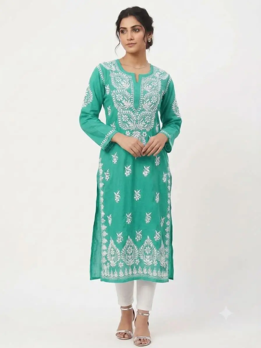 LCF CHIKAN EMBROIDERY MASLEEN LONG KURTI - GREEN